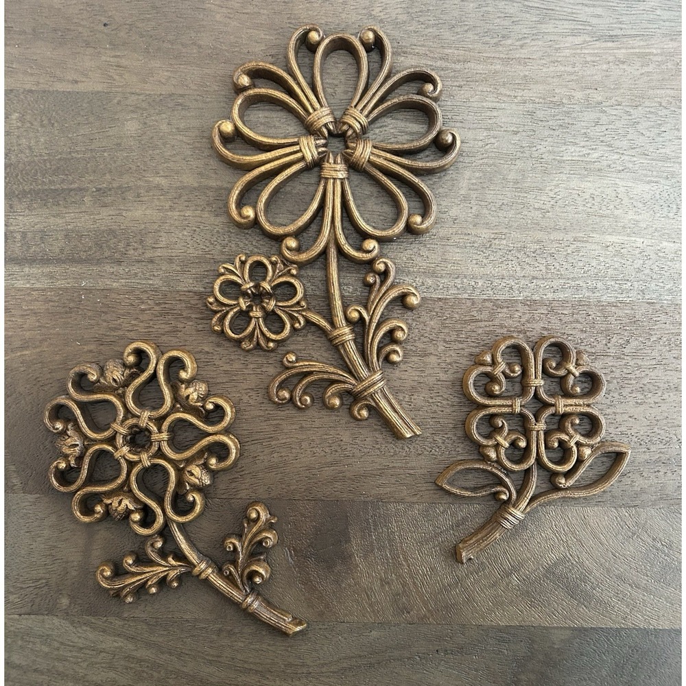Vintage Syroco Flower Wall Décor Set of 3 Plastic Faux Wicker Rattan Cottage